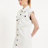 House of Holland Off-White Rocker Faux Leather Twist Button-Down Dress