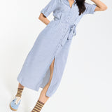 Blue Stripe Tie-Waist Midi Shirt Dress