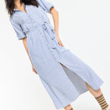 Blue Stripe Tie-Waist Midi Shirt Dress