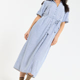 Blue Stripe Tie-Waist Midi Shirt Dress