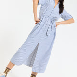 Blue Stripe Tie-Waist Midi Shirt Dress