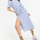 Blue Stripe Tie-Waist Midi Shirt Dress