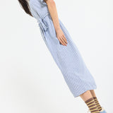 Blue Stripe Tie-Waist Midi Shirt Dress