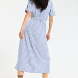 Blue Stripe Tie-Waist Midi Shirt Dress