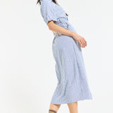 Blue Stripe Tie-Waist Midi Shirt Dress