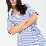 Blue Stripe Tie-Waist Midi Shirt Dress
