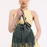 Forest Green Suede Fringe Bucket Bag