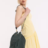 Forest Green Suede Fringe Bucket Bag