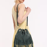 Forest Green Suede Fringe Bucket Bag