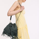 Forest Green Suede Fringe Bucket Bag
