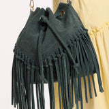 Forest Green Suede Fringe Bucket Bag
