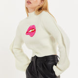 House Of Holland Lip Embroidery Wave Sleeve Jumper In White