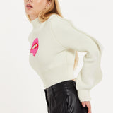 House Of Holland Lip Embroidery Wave Sleeve Jumper In White
