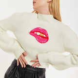 House Of Holland Lip Embroidery Wave Sleeve Jumper In White