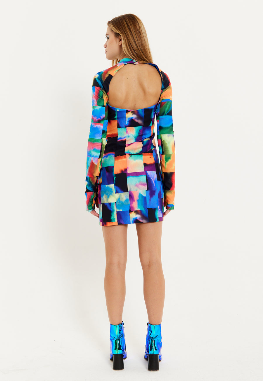 House of Holland Abstract Patchwork Print Dress With Open Back Detail
