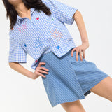 Blue Gingham Heart Embroidered Shirt