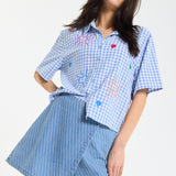 Blue Gingham Heart Embroidered Shirt