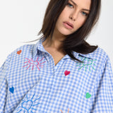 Blue Gingham Heart Embroidered Shirt