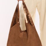 Caramel Suede Metallic Paneled Hobo Bag