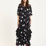 Tie Neck Polka Dot Pleated Ruffle Maxi Dress