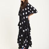 Tie Neck Polka Dot Pleated Ruffle Maxi Dress