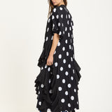 Tie Neck Polka Dot Pleated Ruffle Maxi Dress