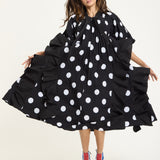 Tie Neck Polka Dot Pleated Ruffle Maxi Dress