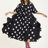 Tie Neck Polka Dot Pleated Ruffle Maxi Dress