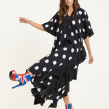 Tie Neck Polka Dot Pleated Ruffle Maxi Dress