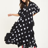 Tie Neck Polka Dot Pleated Ruffle Maxi Dress