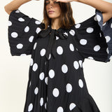 Tie Neck Polka Dot Pleated Ruffle Maxi Dress
