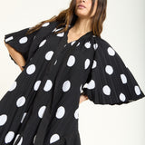 Tie Neck Polka Dot Pleated Ruffle Maxi Dress