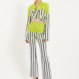 House Of Holland Stripe Monochrome Acid Green Splash Crop Blazer With Belt