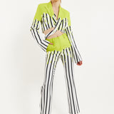 House Of Holland Stripe Monochrome Acid Green Splash Crop Blazer With Belt