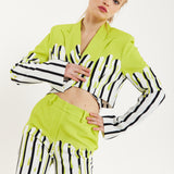 House Of Holland Stripe Monochrome Acid Green Splash Crop Blazer With Belt