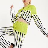 House Of Holland Stripe Monochrome Acid Green Splash Crop Blazer With Belt