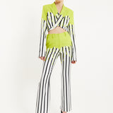 House Of Holland Stripe Monochrome Acid Green Splash Crop Blazer With Belt