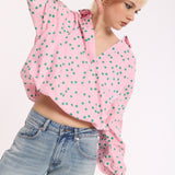 Pink Polka Dot Cotton Tie Back Blouse