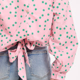 Pink Polka Dot Cotton Tie Back Blouse