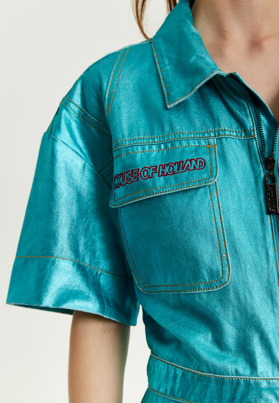 House Of Holland Metallic Utility Jumpsuit In Turquoise