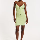 House of Holland Ribbed Knit Green Mini Dress with Tie Front Detail