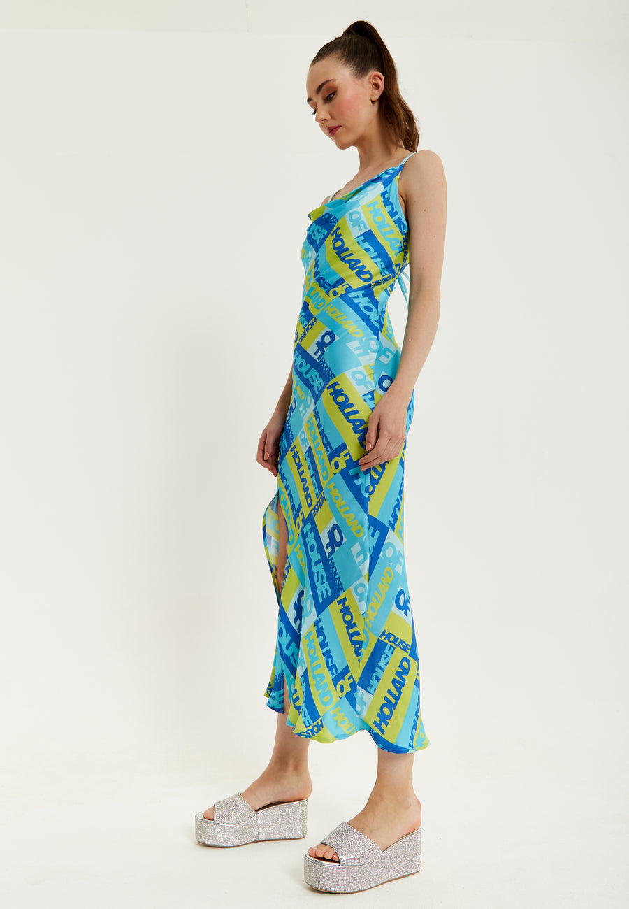 House Of Holland Printed Cowl Neck Midi Dress