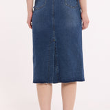 Denim Midi Skirt with Front Zip Detail