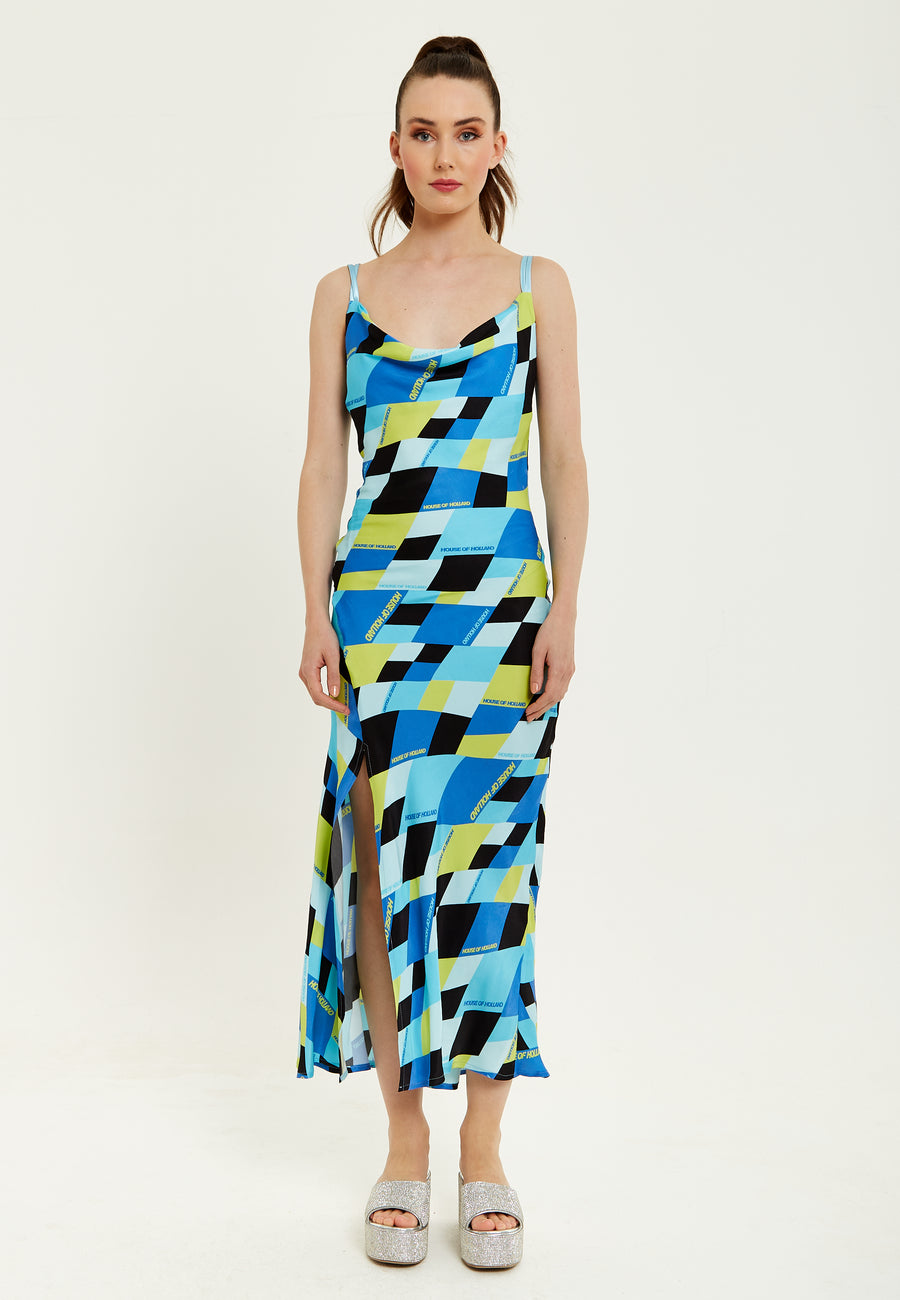 House Of Holland Blue And Black Printed Midi Dress With Cowl Neck