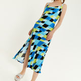 House Of Holland Blue And Black Printed Midi Dress With Cowl Neck