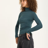 Green Rhinestone Detail Roll Neck Top