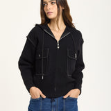 Black Utility Zip Knit Jacket with Hood