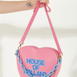 House Of Holland Heart Shape Cross Body Bag In Pink With A Chain Detail And Printed Logo