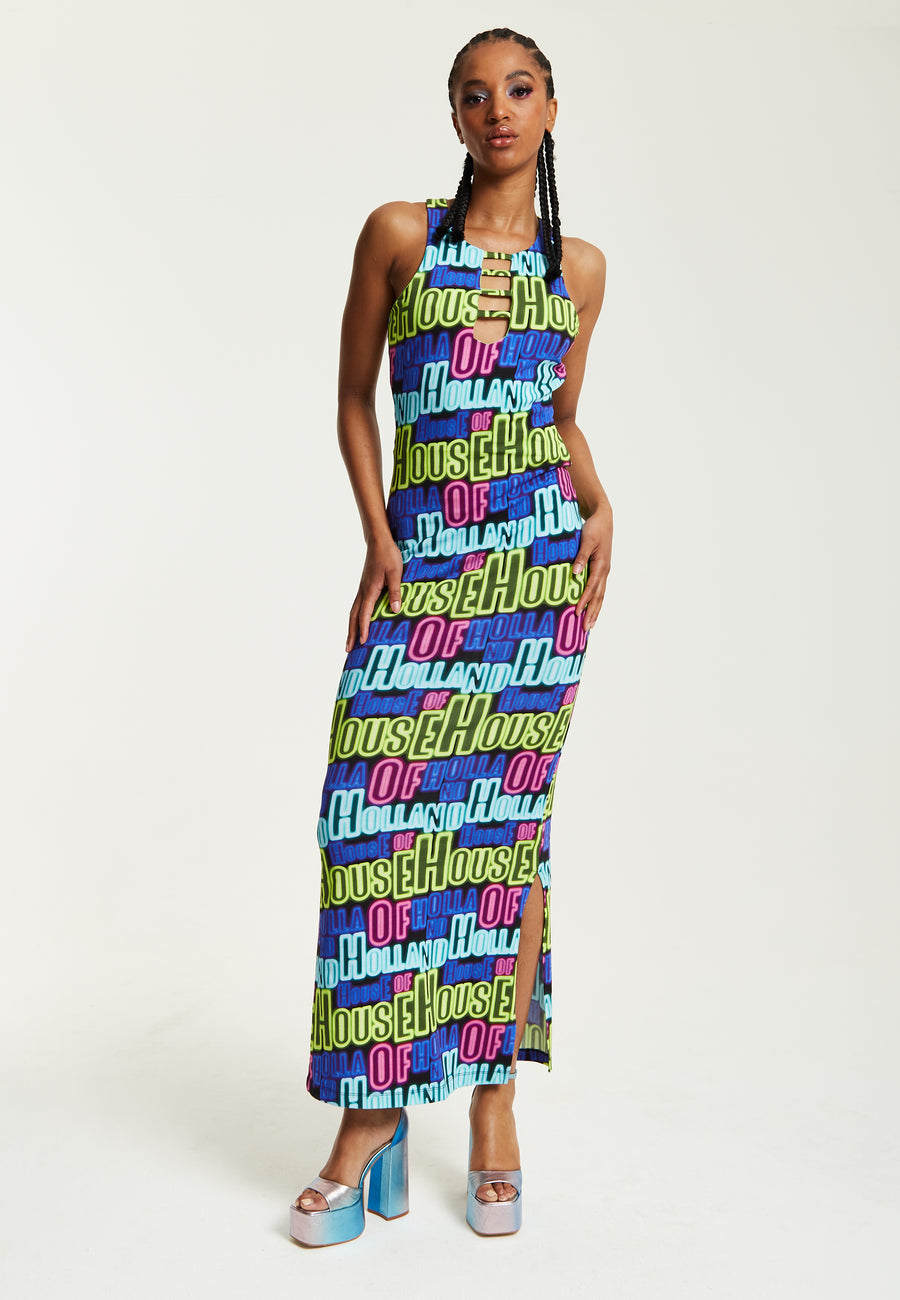 House of Holland Printed Multicolour Maxi Dress With Cut Out Details