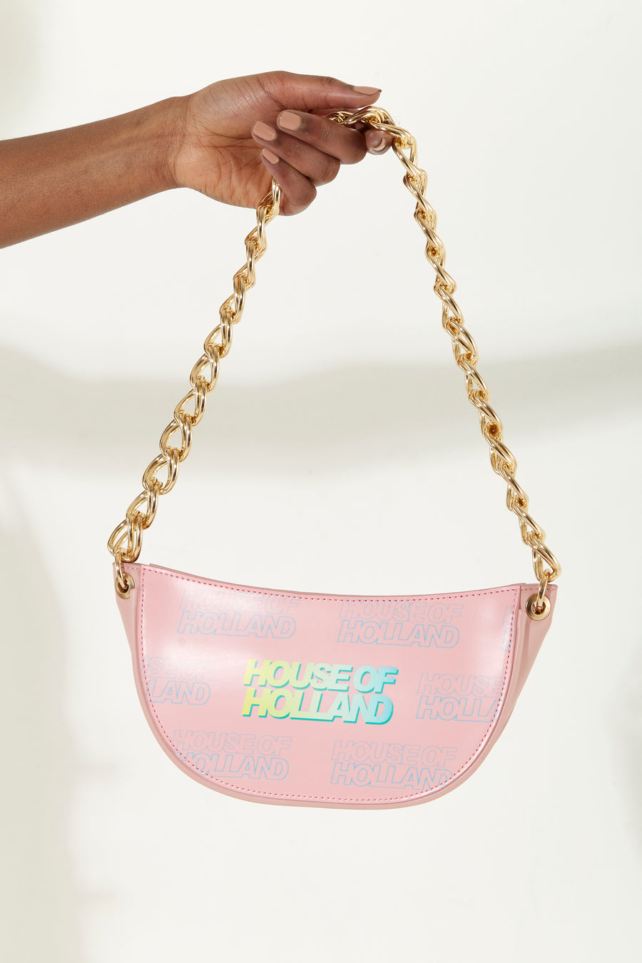 House Of Holland Shoulder Bag In Baby Pink With A Gold Chain Strap And Printed Logo
